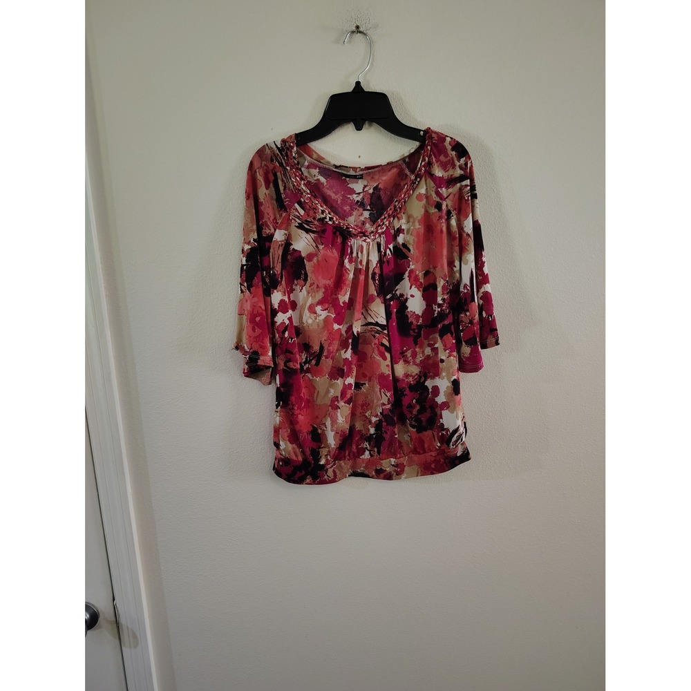 East 5th Womens Pink Red Abstract Floral‎ Braided Neck 3/4 Sleeve Blouse Small